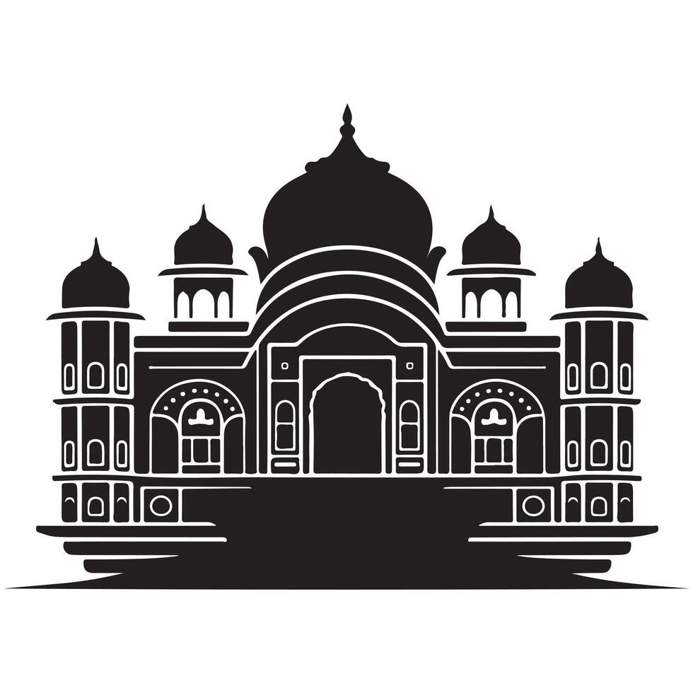 Black silhouette of a grand building with multiple domes and arched windows architecture vector