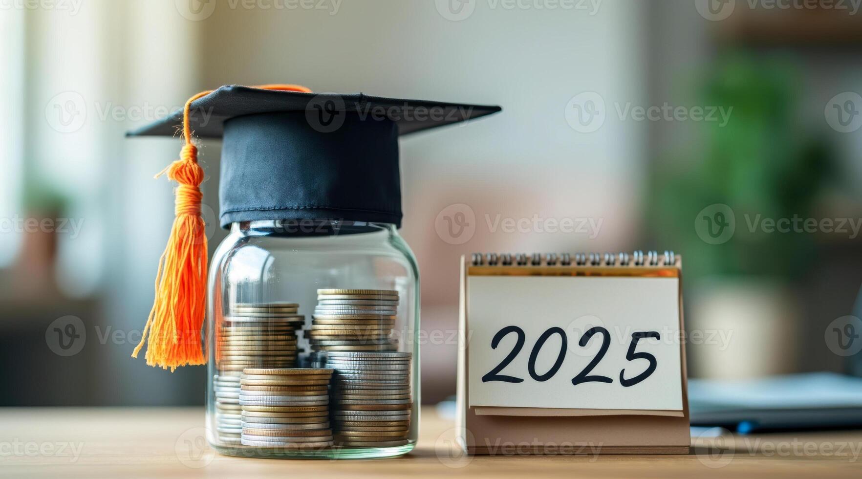 graduation cap rests atop a jar filled with coins and a calendar displaying the year 2025. photo