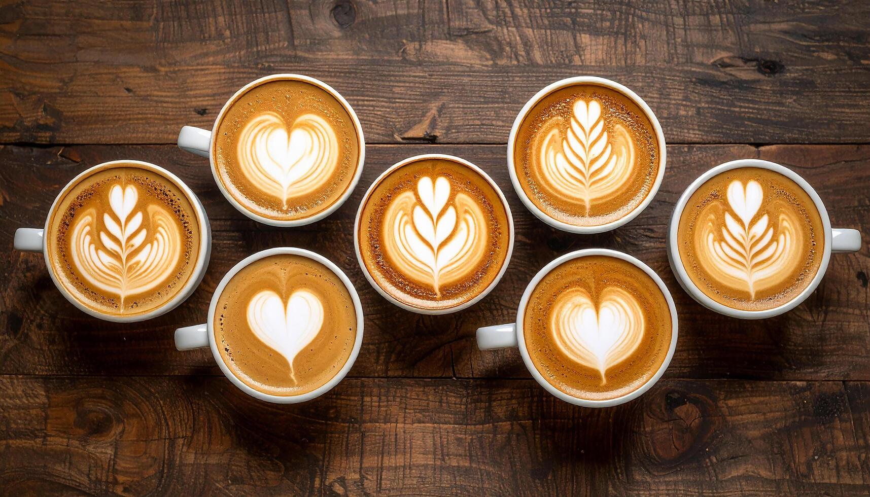 An Array of Artistic Lattes Seven Cups with Heart and Rosetta Art on Rustic Wood photo