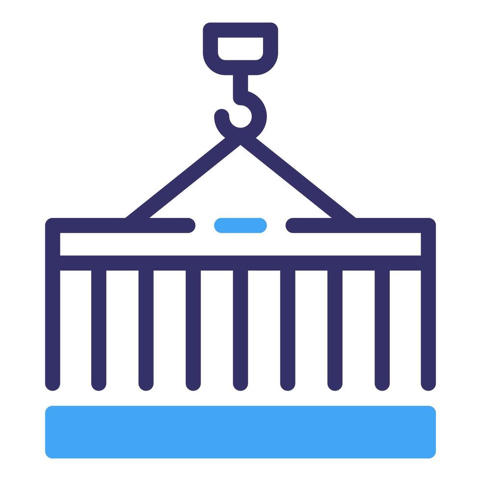 An icon illustration of a shipping container being hoisted by a crane, representing global trade, transport and industry. vector