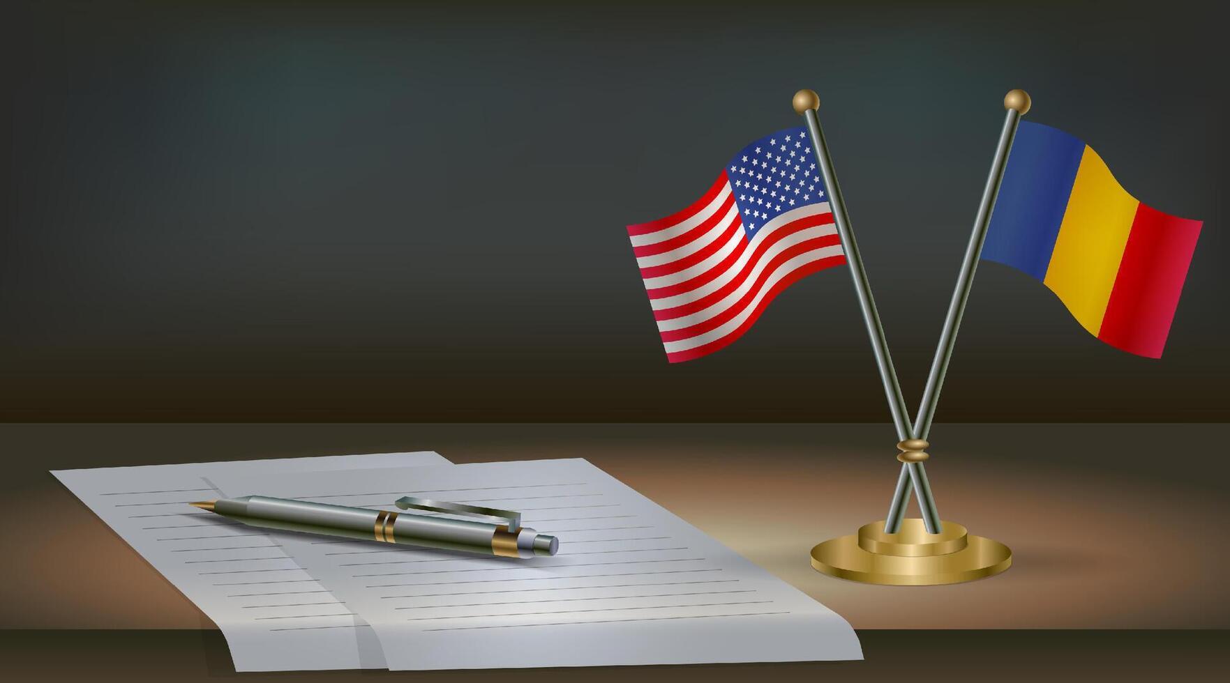 USA and Chad flags on table in office. International relations on a dark gradient color background. vector