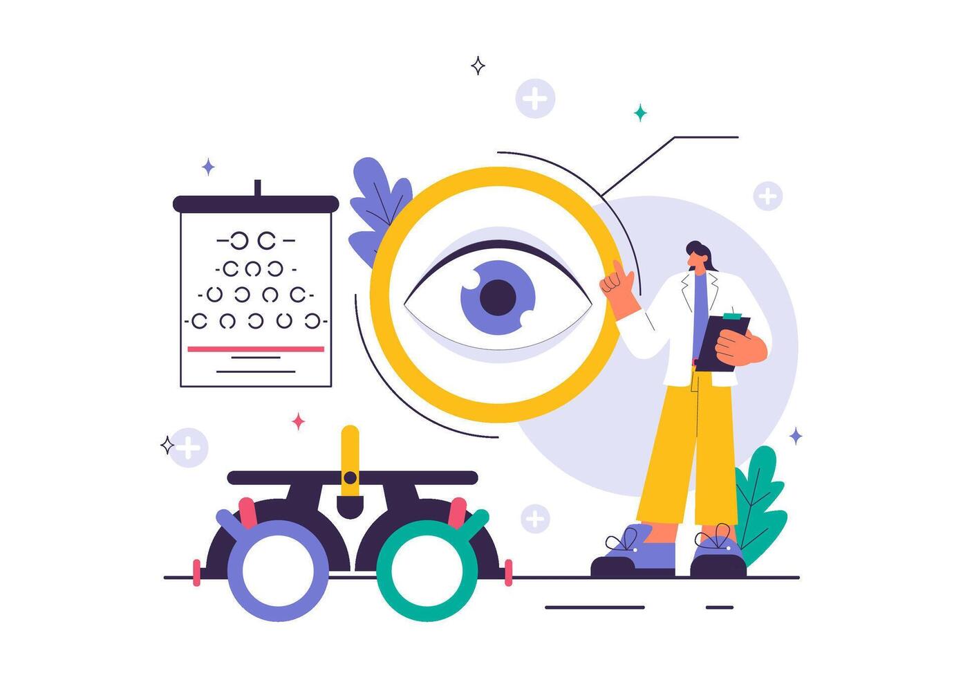 Illustration of eye exam tools and doctor vector