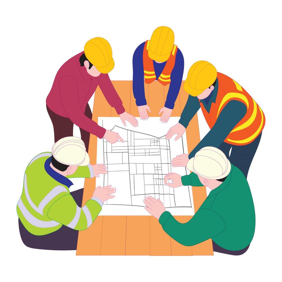Construction workers and engineers wearing helmets gathered around table to analyze building blueprint plan during team meeting for architecture project coordination and planning vector