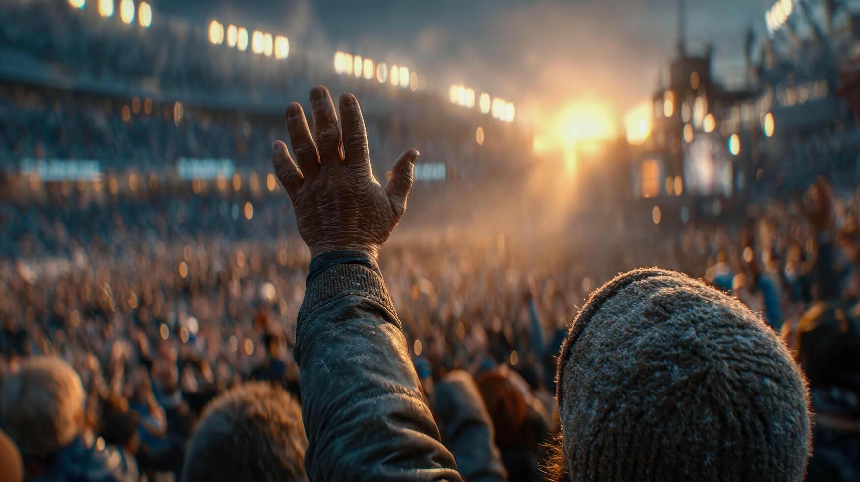 Enthusiastic crowd cheering in a packed stadium during a sports event as the sun sets in the background photo