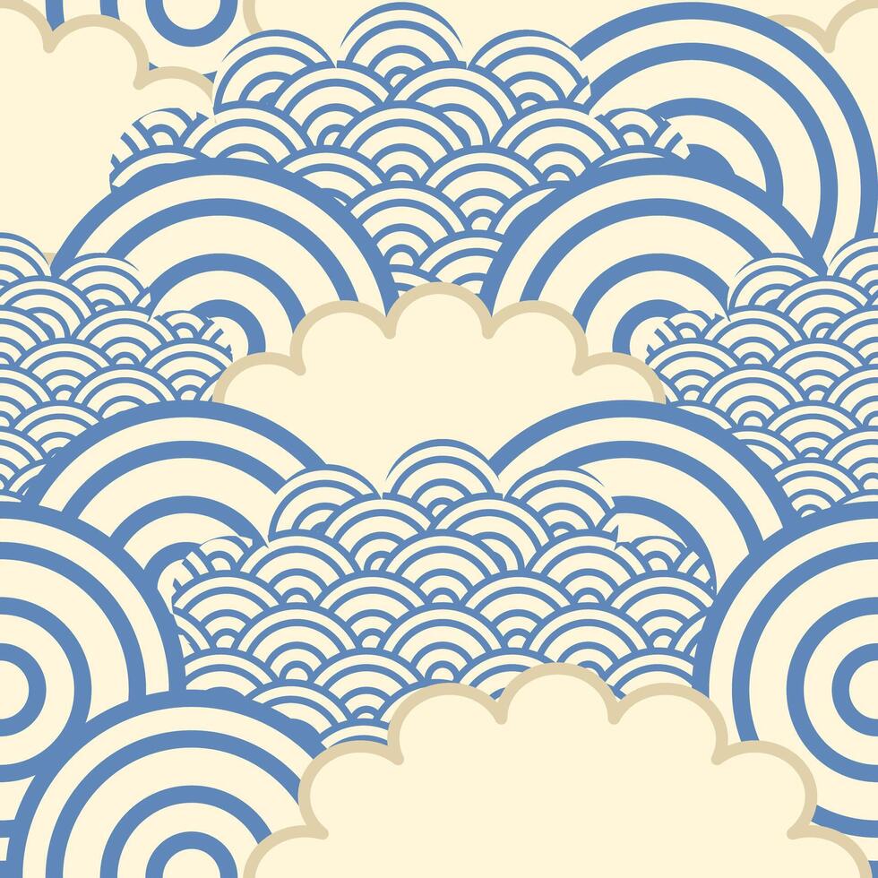 Seamless Japanese wave pattern in navy blue and beige, traditional Asian textile design vector