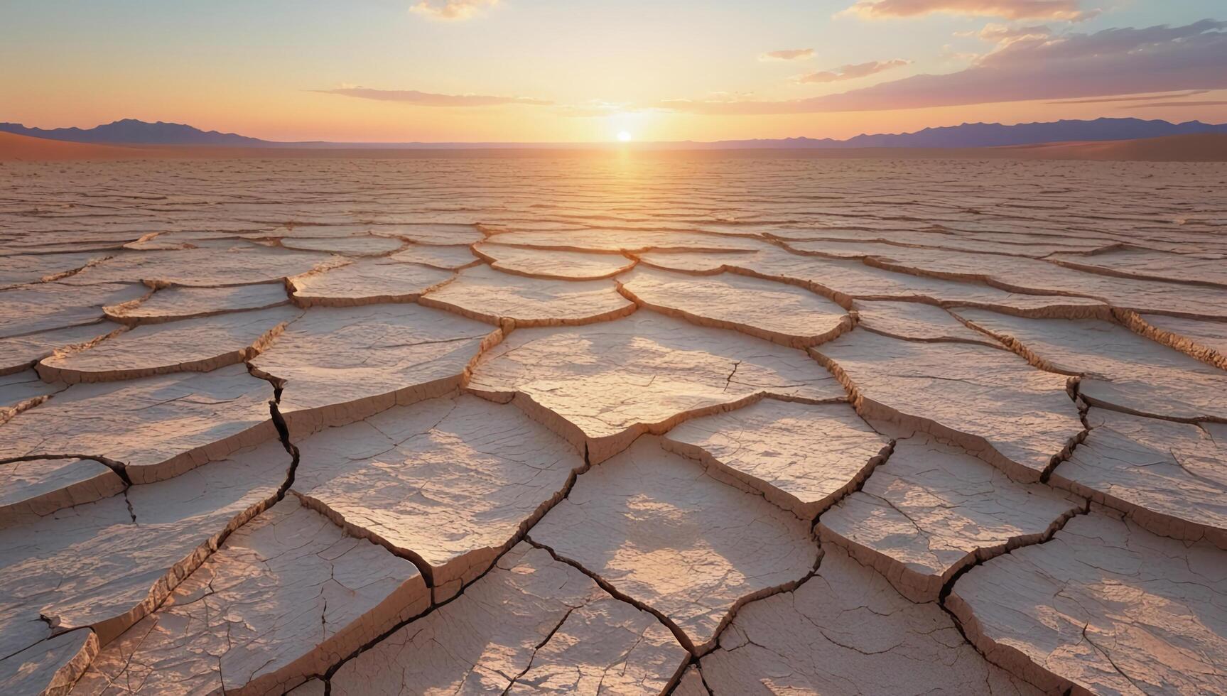 Vast Parched Desert Soil Texture with Deep Fissures and Warm Sunset Illumination photo