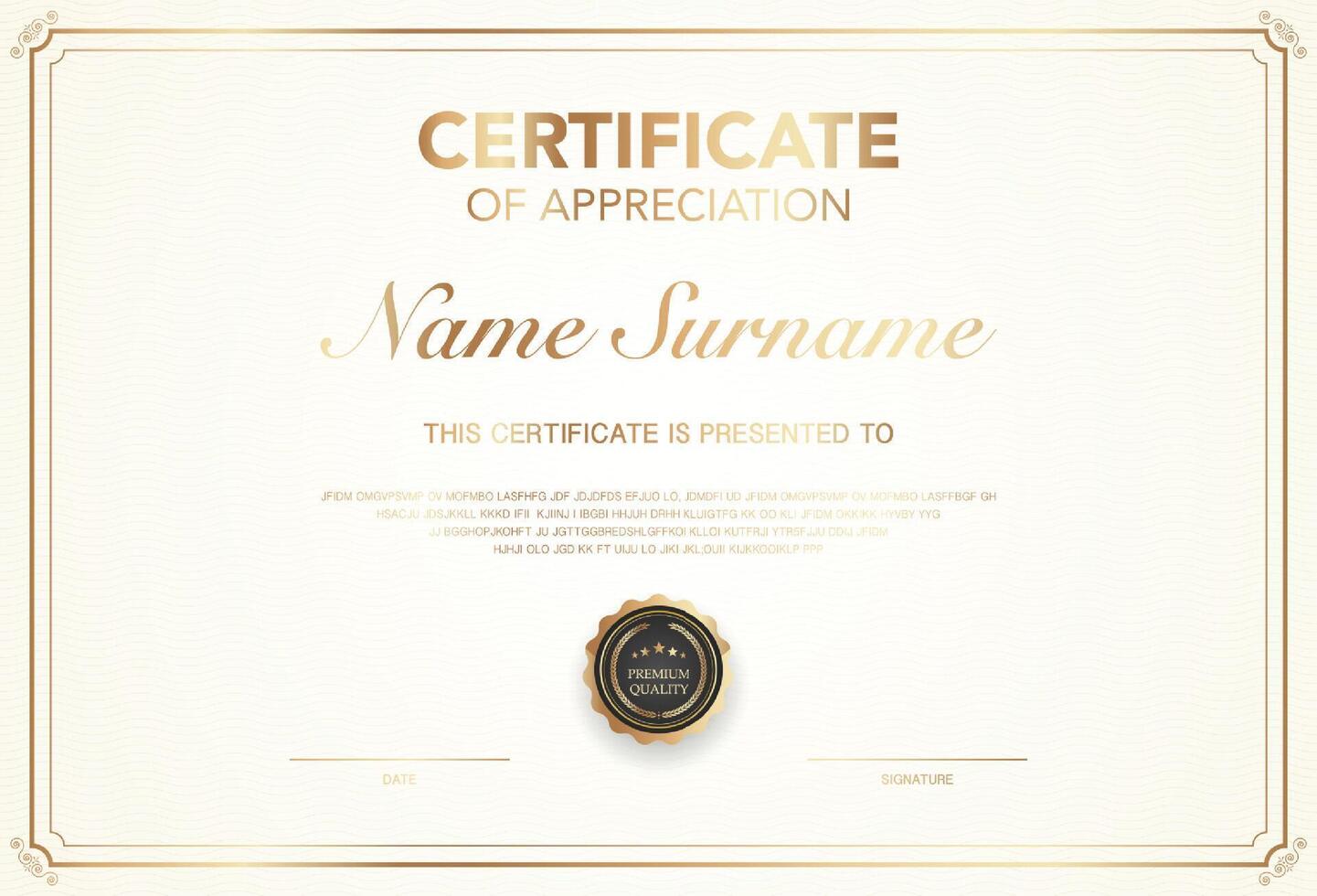 Elegant certificate of appreciation template with classic gold border, premium quality badge customizable name, date, and signature section. Ideal for awards, recognition, or achievement. vector