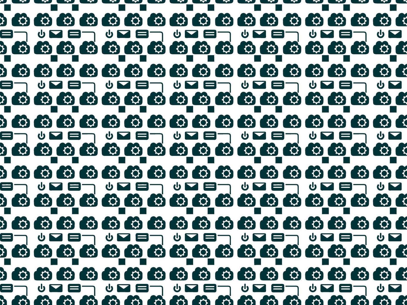 Technology Icon Seamless Pattern with Cloud Gear Email and Power Symbols on White Background vector