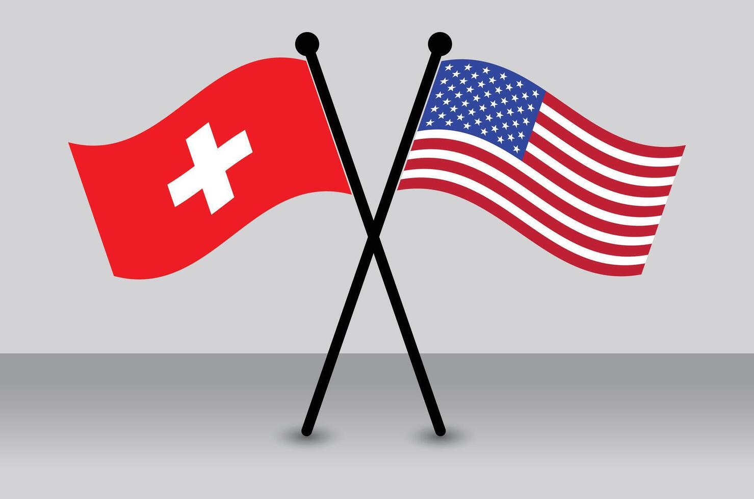 Crossed Flags of Switzerland and America. Swiss and USA Waving Flags Flat Style. Official Proportion. vector