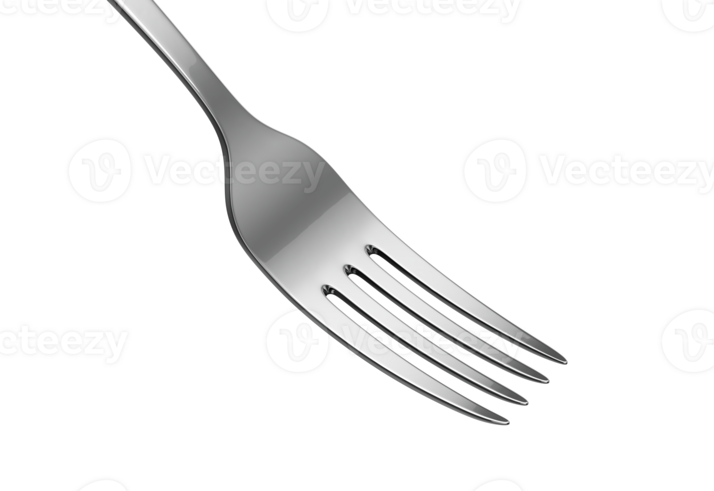A close-up of a sleek silver fork with polished tines and a reflective surface. 3d illustration png