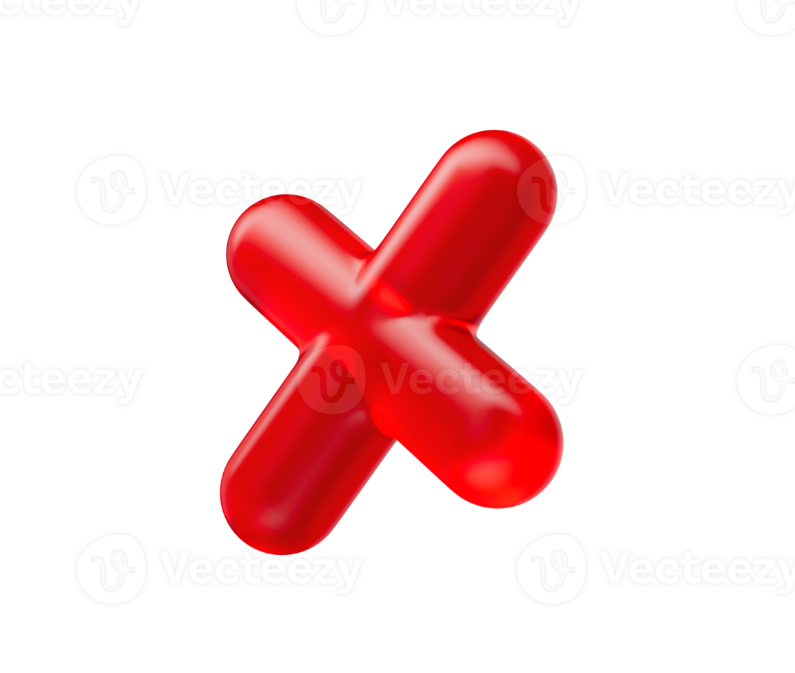 A 3D Glossy red multiplication symbol with a sleek and modern reflective appearance. 3d illustration png