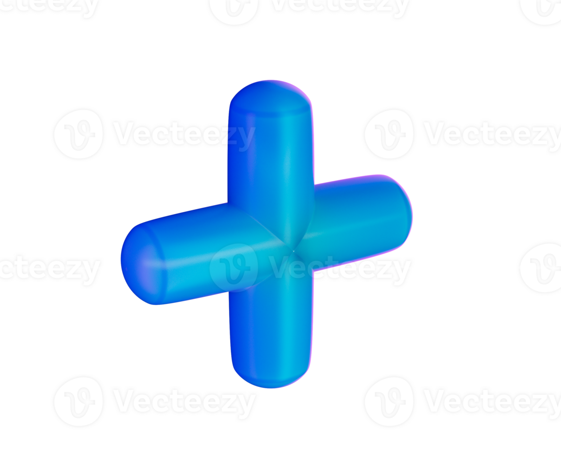 A 3D Blue plus sign with a glossy, gradient finish, featuring smooth, rounded edges. 3D Illustration png