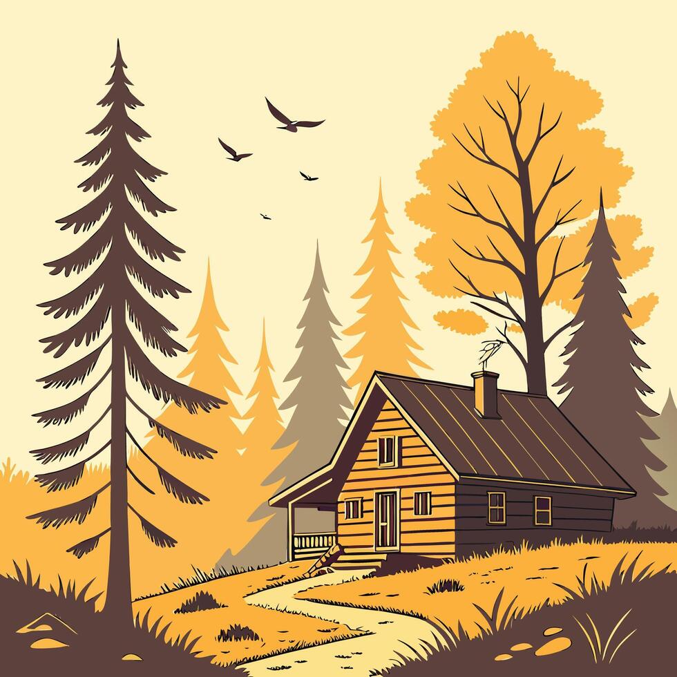 Rustic Cabin Surrounded by Autumn Trees with a Path Leading to It vector