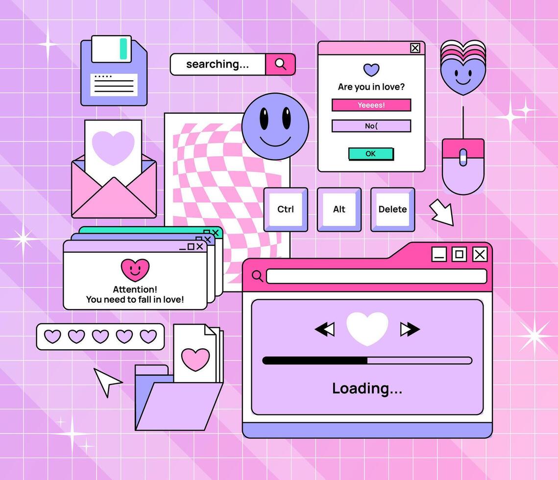 Trendy y2k sticker set. Old computer aesthetic.Retro user interface windows, errors, buttons vector