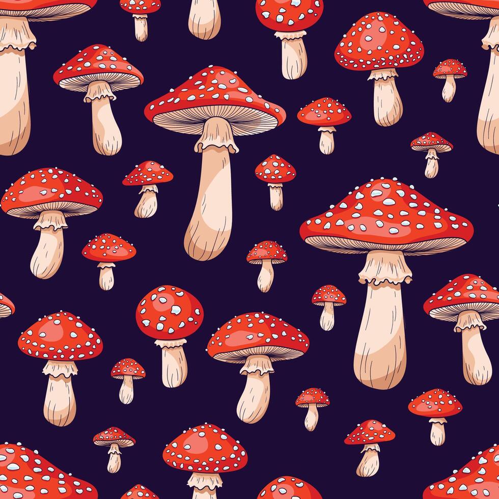Pattern with toadstools mushrooms on a dark background. Forest mushrooms with red caps and white dots vector