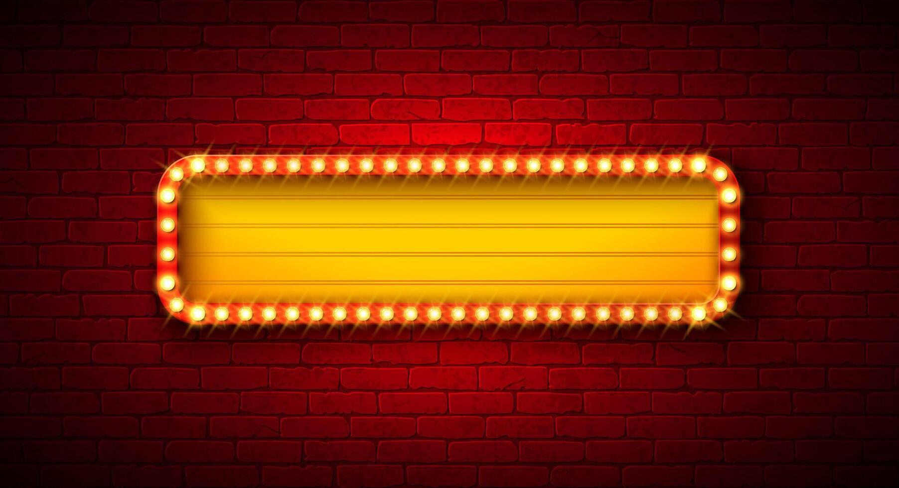 Retro Lightbox Banner Illustration with Glowing Light Bulb Frame Signboard Billboard on Vintage Brick Wall Background. Customizable Marquee Sign Design for Casino Advertising, Theater Show vector