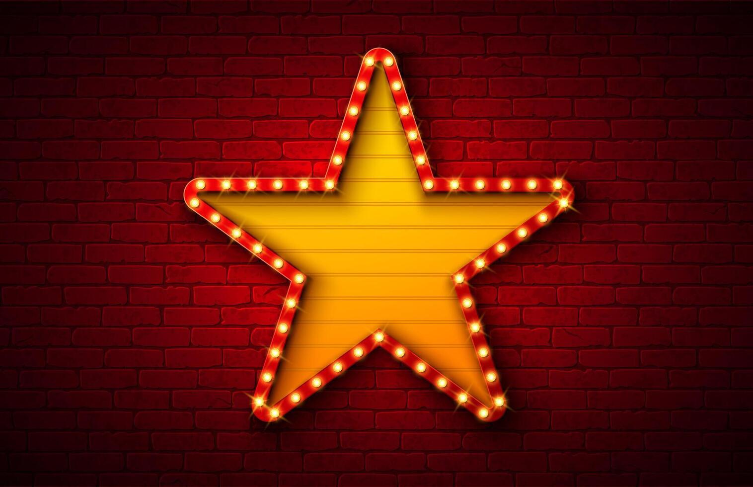 Retro Signboard Lightbox Banner Design with Glowing Star Shape Light Bulb Frame Billboard on Vintage Brick Wall Background. Customizable Marquee Sign Illustration for Casino Advertising vector
