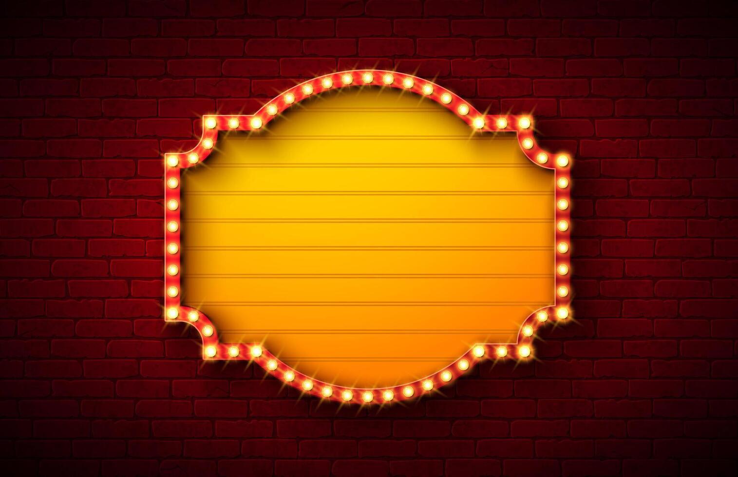 Retro Signboard Banner Design with Glowing Light Bulb Frame Lightbox Billboard on Vintage Brick Wall Background. Customizable Marquee Sign Illustration for Casino Advertising, Theater Show vector