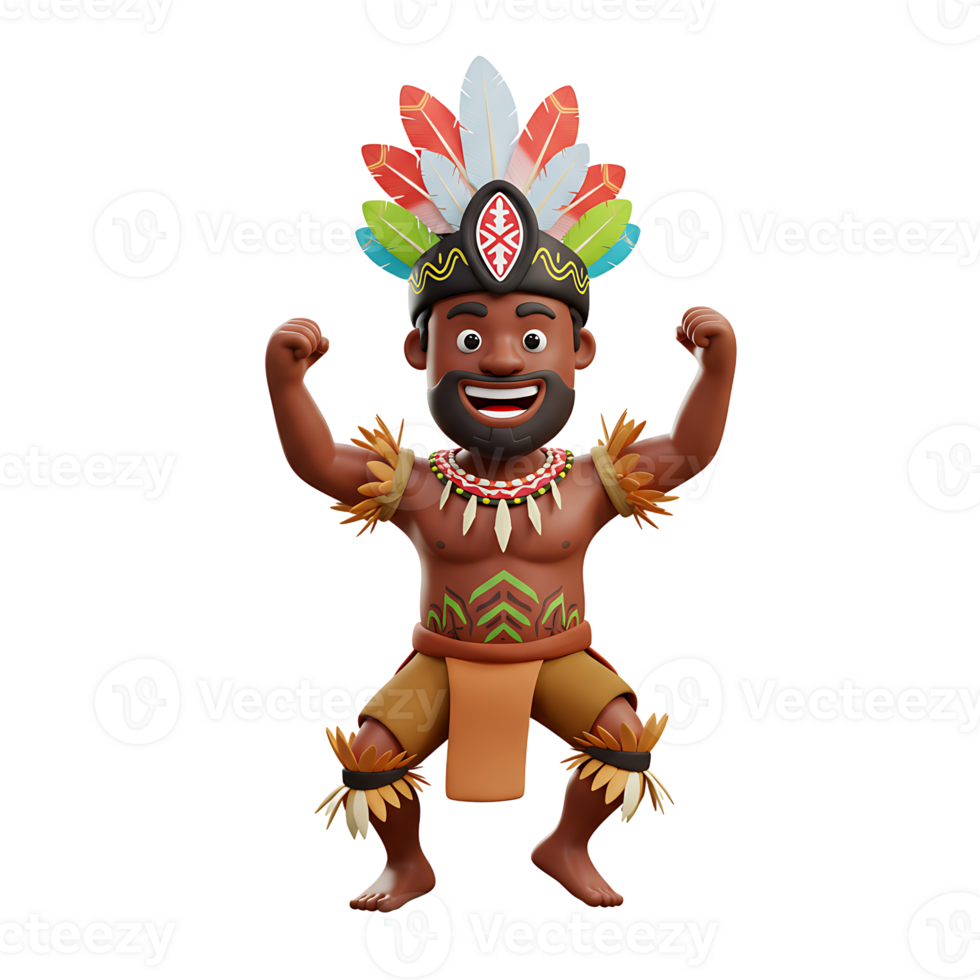 Cartoon character with feathers on his head is smiling while raising his arms for digital design creation. png