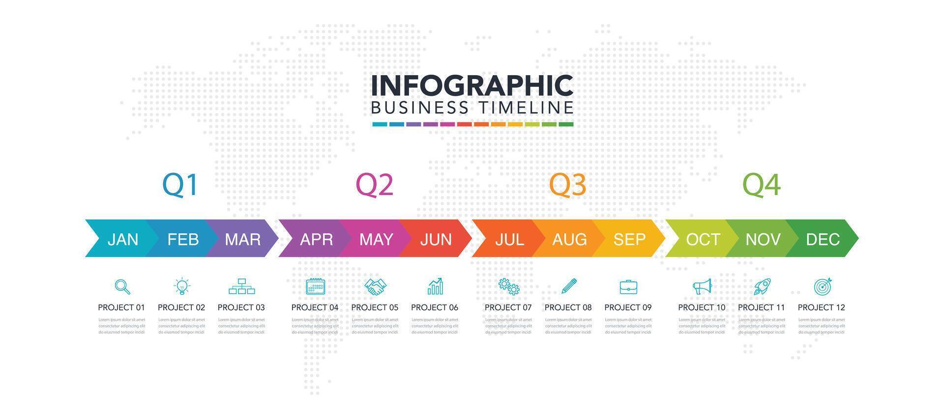 Infographic template for business months timeline with world map background vector