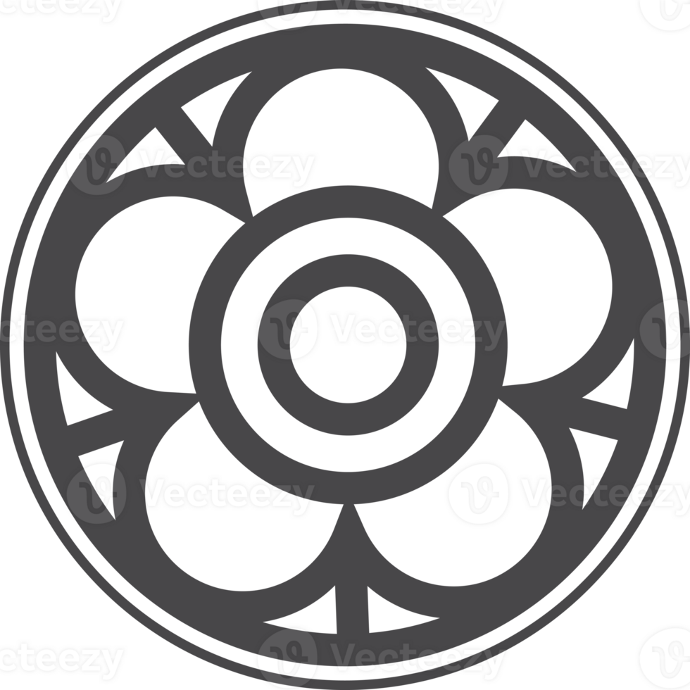 Gothic circle rose window with medieval ornament. Cathedral rosette. Christian architecture element with stained glass. Radial floral frame. png