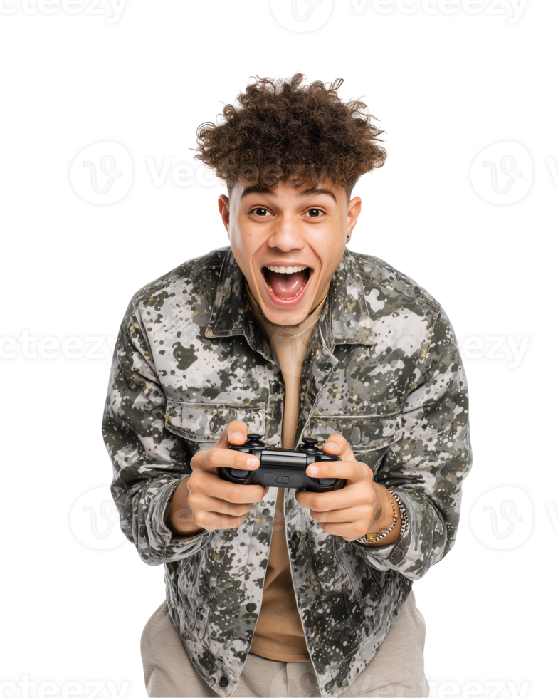 Excited young man playing game with controller isolated on transparent background png