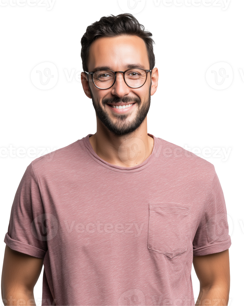 Smiling man with glasses and beard looking at camera isolated on transparent background png