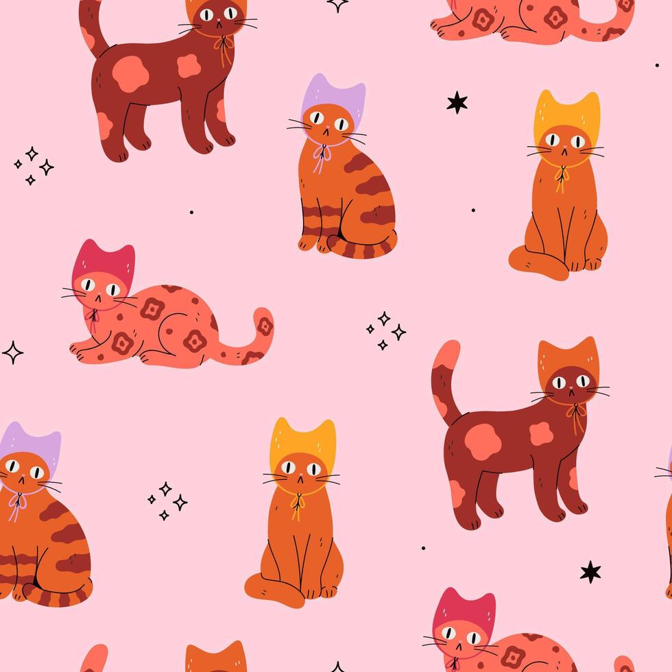 Colorful cat pattern on pink background vector