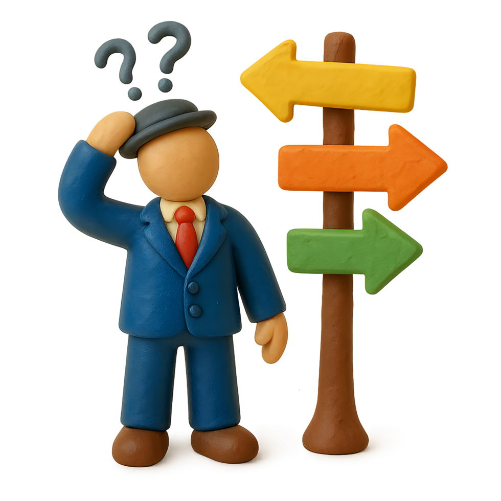 Clay figure contemplating choices at directional signpost with questioning markers png