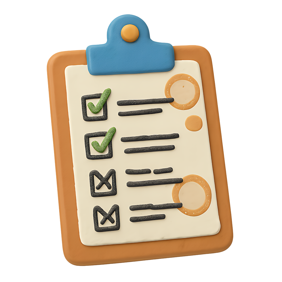 Stylized 3D Clipboard with Checkmarks and Crosses for Task Management Visualization png