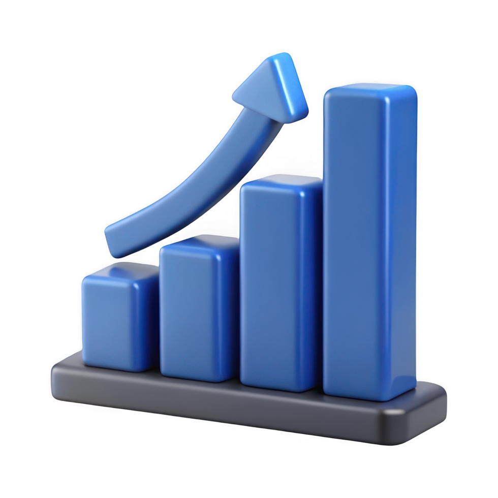 3d render of blue bar graph with upward arrow isolated on transparent background png