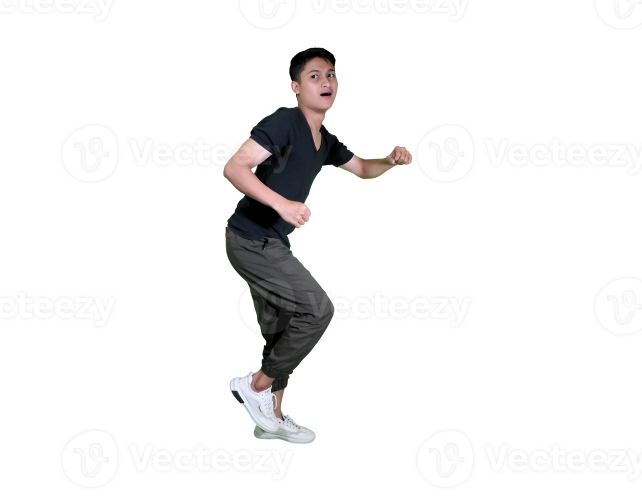 A joyful young man running with excitement, expressing happiness and energy in a dynamic pose png