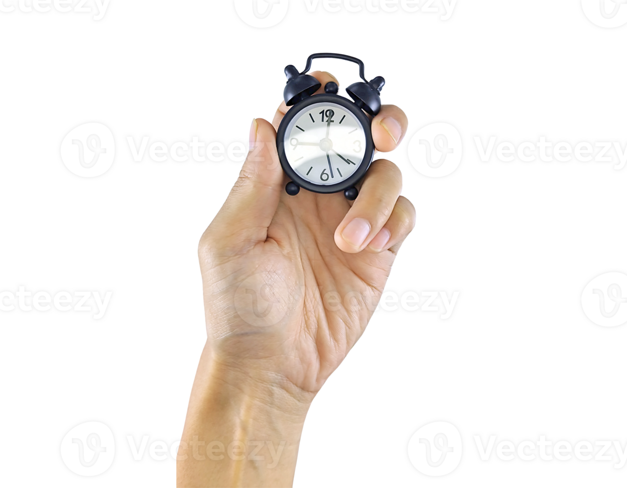 Hand gripping a miniature analog clock, isolated on a white background. This visual metaphor illustrates how valuable time is in daily life and decision-making. png