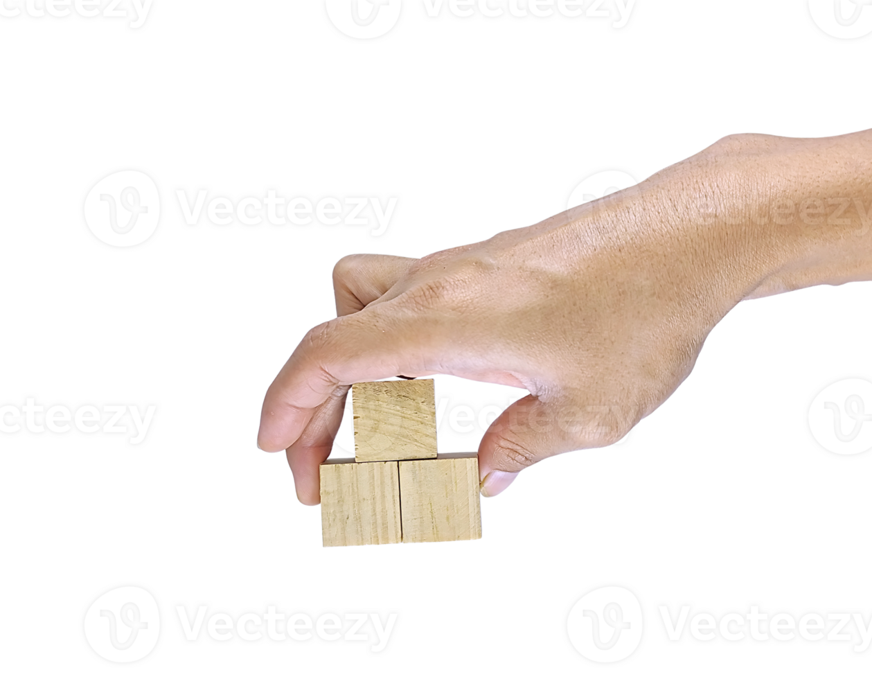 A close-up of a human hand holding a square wooden block, isolated on a white background. The image conveys a concept of simplicity, raw material, or basic structure. png
