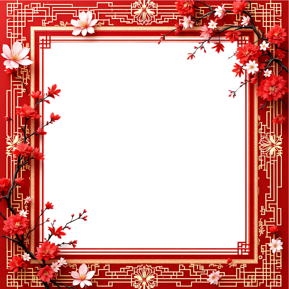 Elegant square frame with red and gold Chinese patterns and cherry blossoms. png