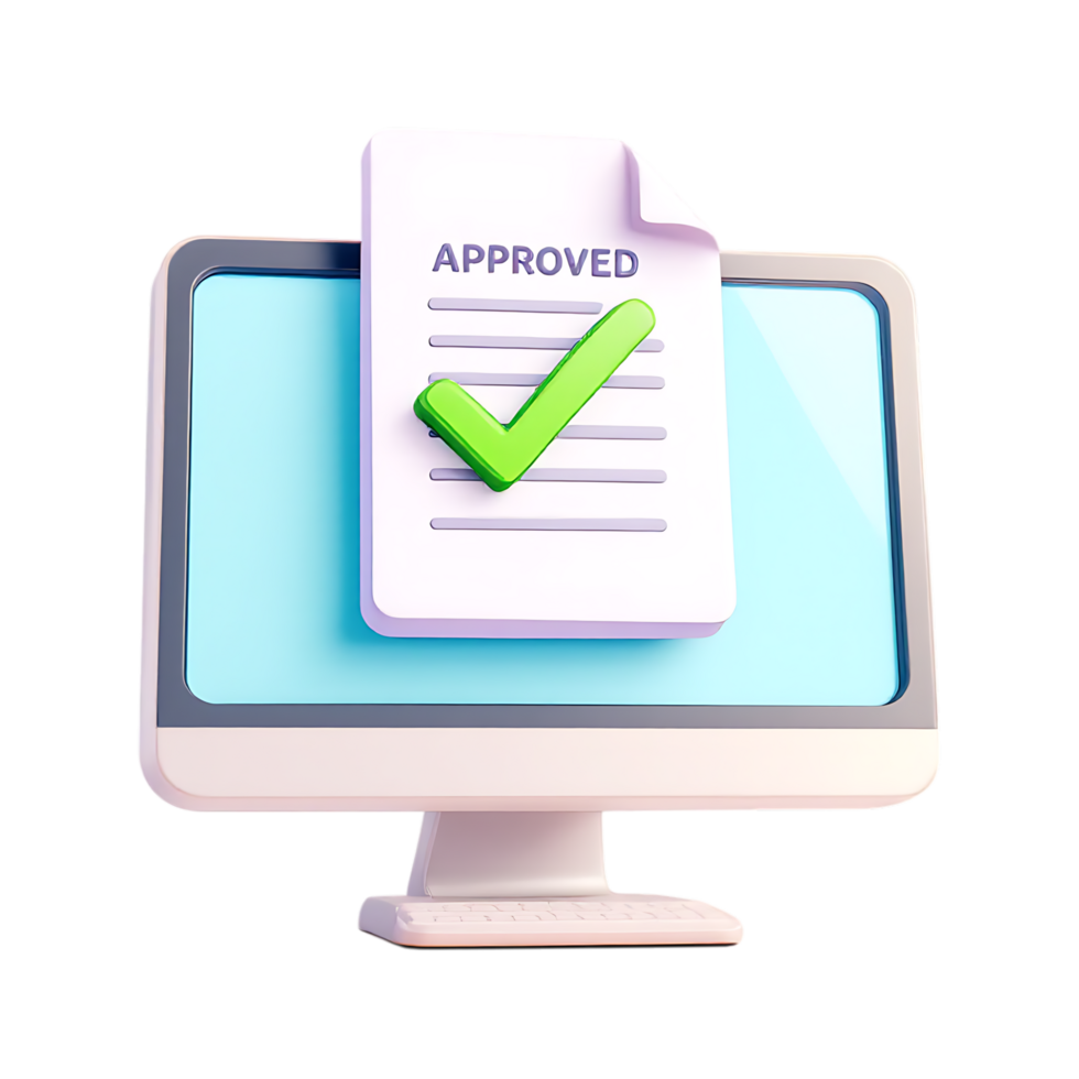 3D illustration of an approved document on a computer screen. png