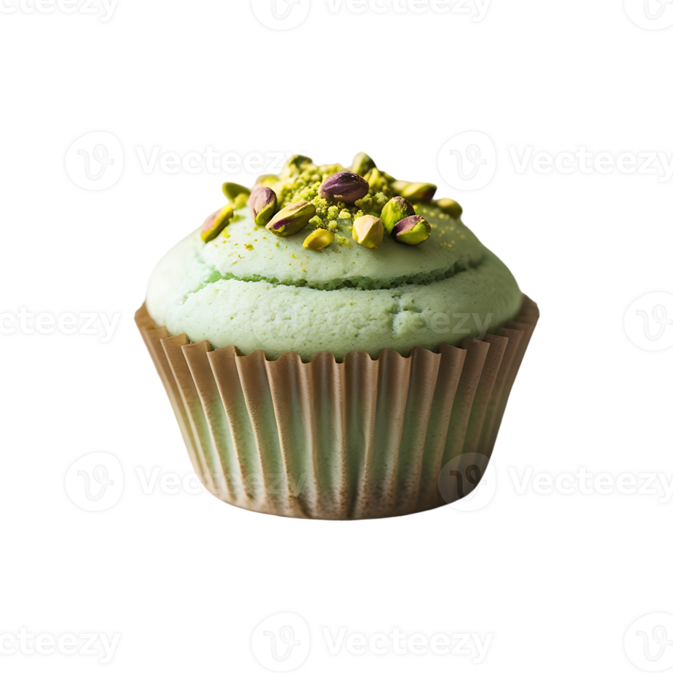 A single pistachio cupcake sits on a black background the cupcake is light green and topped with pistachios png