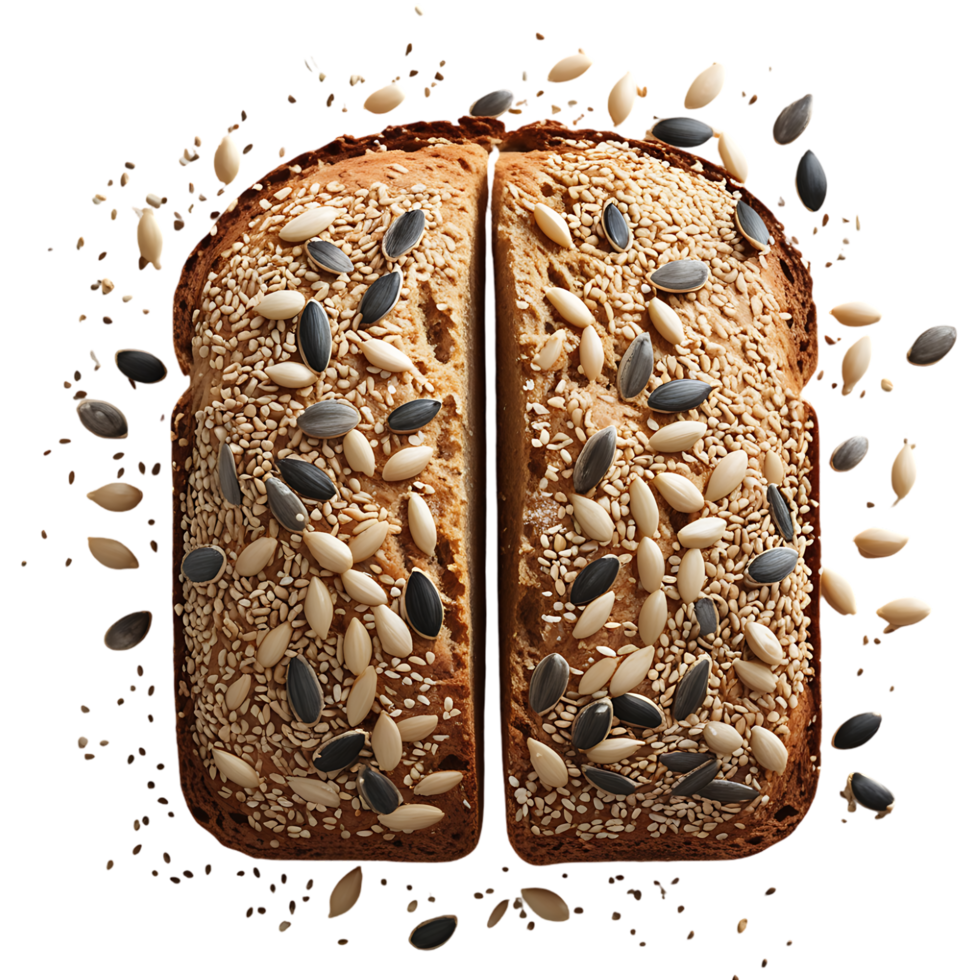 Two slices of seeded bread with seeds falling around them png