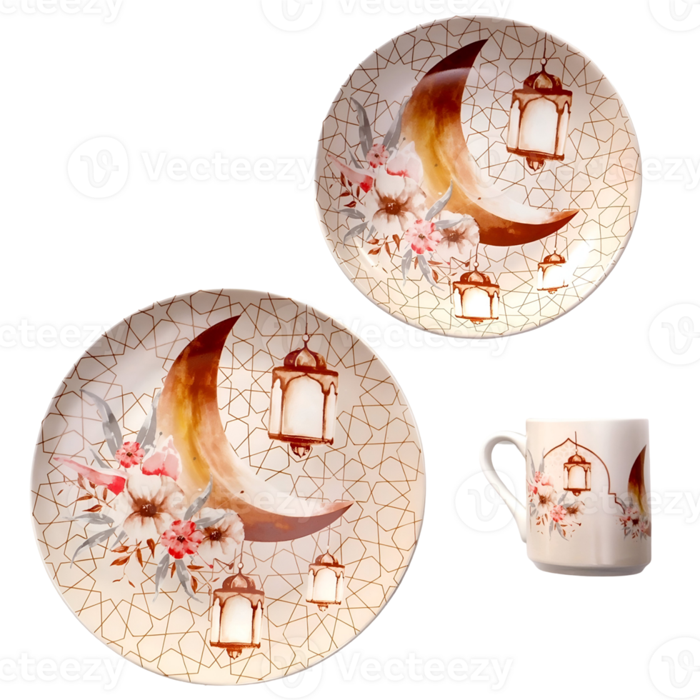 Decorative plates and a mug with a crescent moon and lanterns illustration serve as decorative tableware for religious celebrations png
