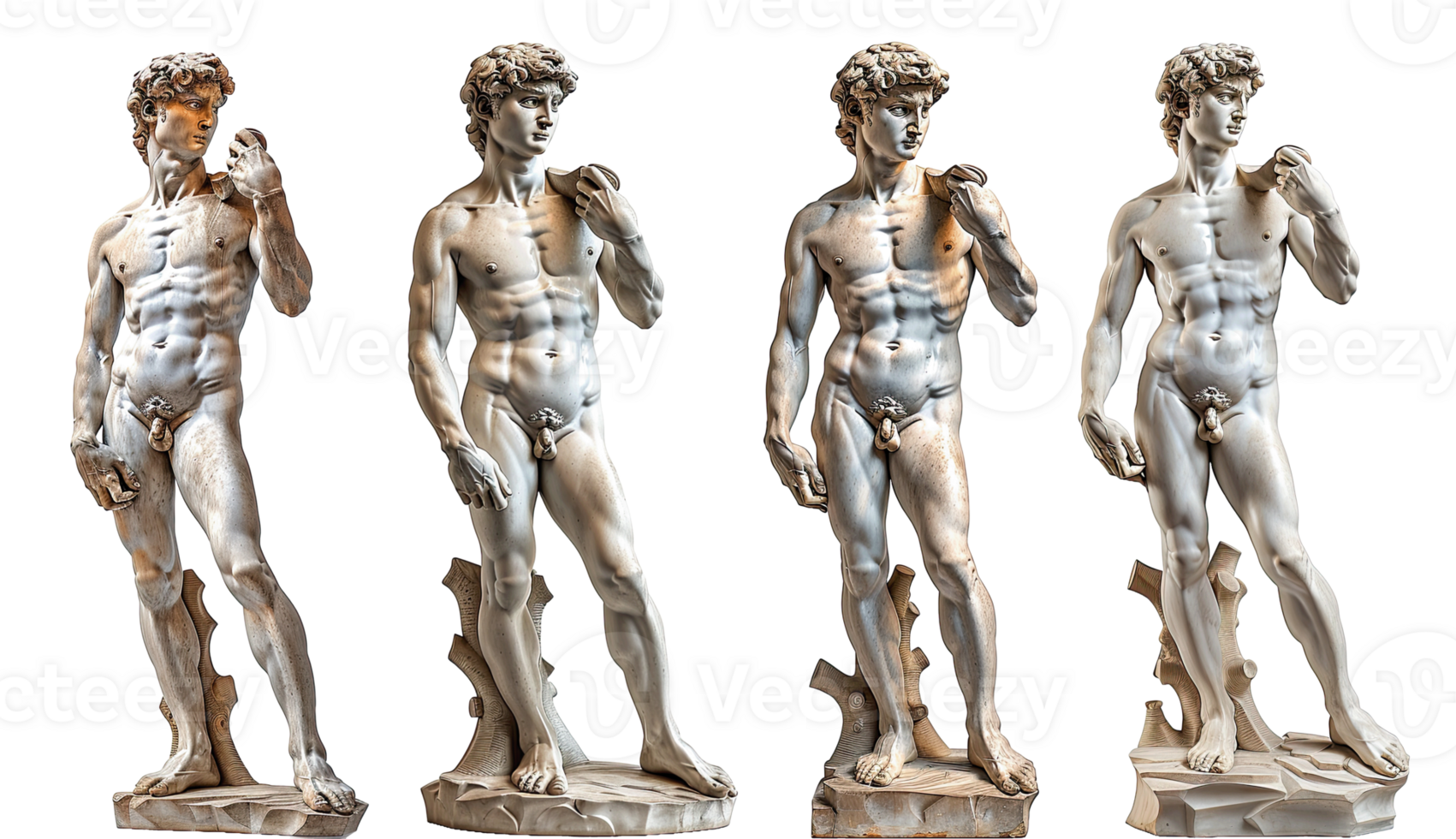 Four detailed marble statues of david isolated on transparent background png