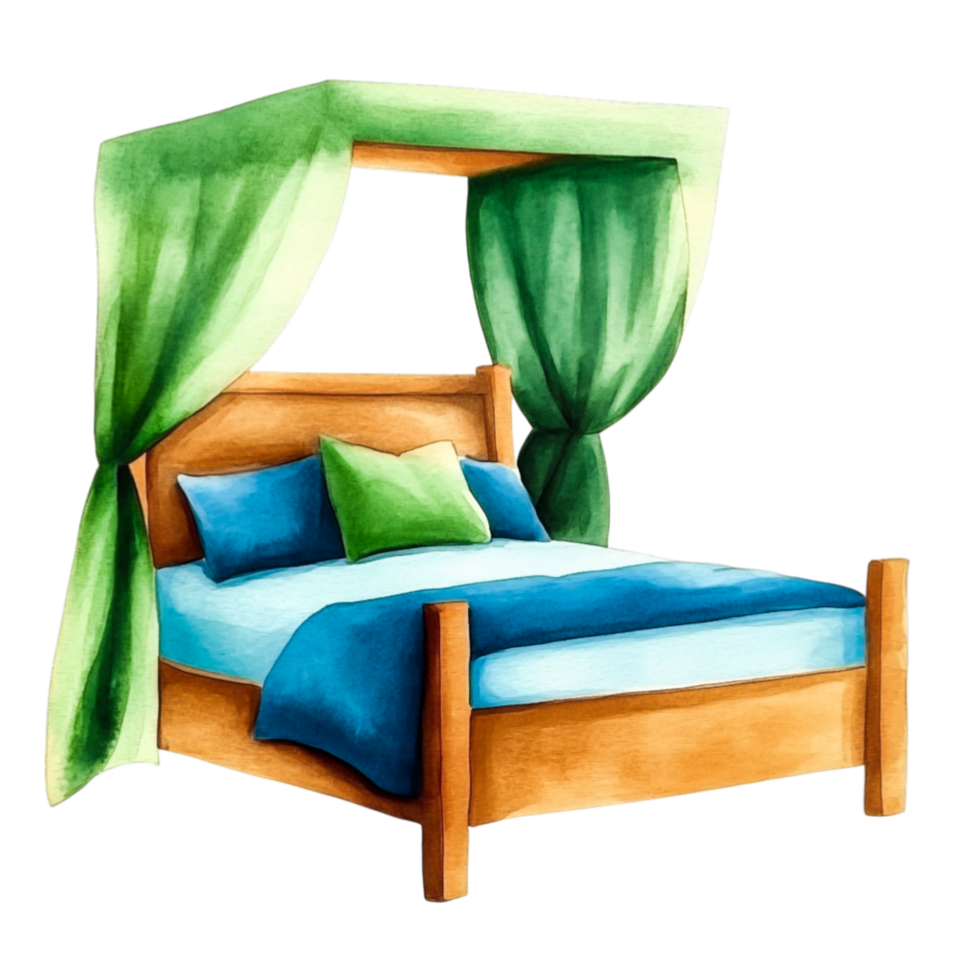 Cozy and Inviting Bed with Green Canopy and Colorful Bedding in a Rustic Design png