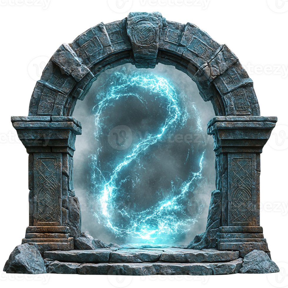 Glowing Magic Portal with Swirling Energy Cores and Rune-Carved Ancient Stone Gateway Isolated on Transparent Background png