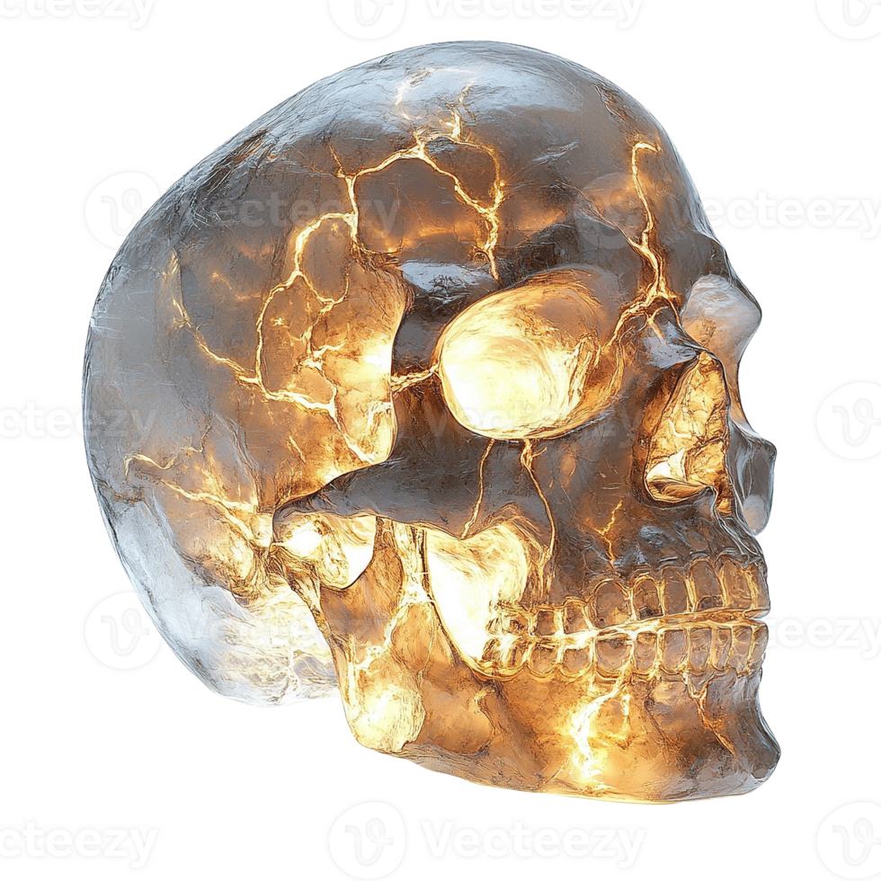 Radiant Energy-Powered Crystal Skull with Transparent Texture and Glowing Fractures Isolated on Transparent Background png