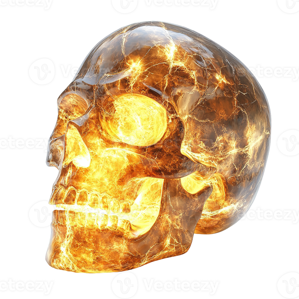 Fantasy Crystal Skull Radiating Magical Inner Light with Fiery Veins and Reflective Surfaces Isolated on Transparent Background png