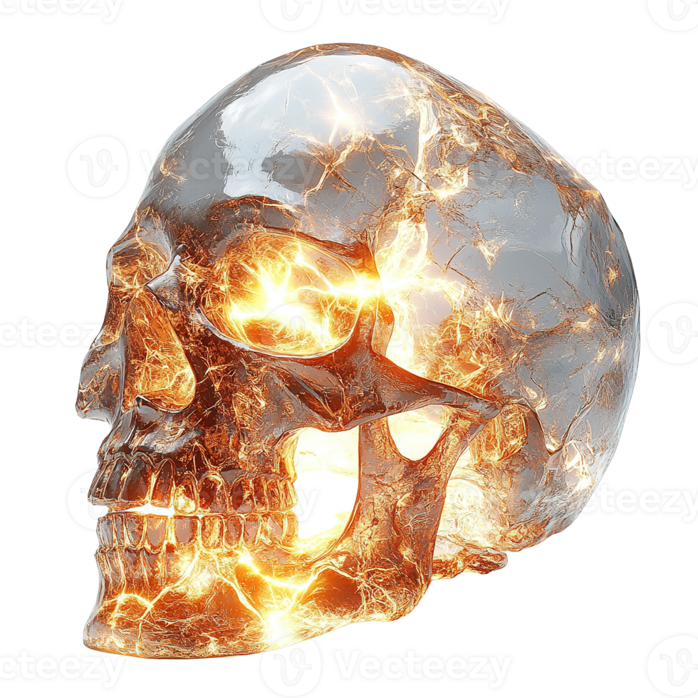 Futuristic Glowing Human Skull Made of Transparent Crystal Material Infused with Magical Energy Isolated on Transparent Background png