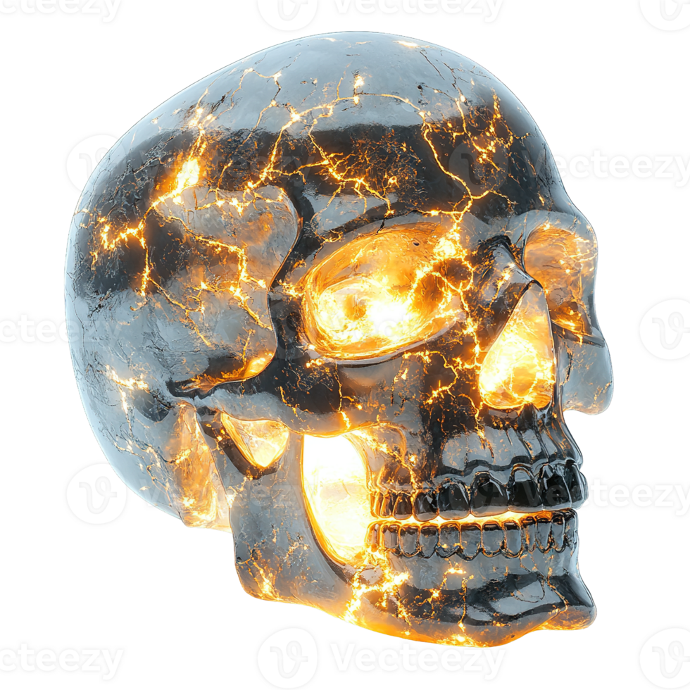 Mythical Glasslike Skull Illuminated from Within by Fiery Power and Surreal Lightning Cracks Isolated on Transparent Background png