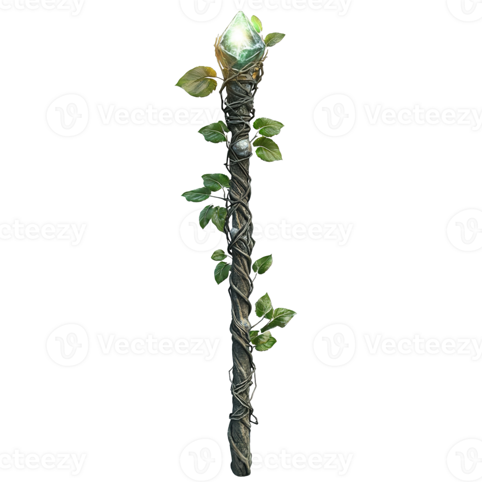 Fantasy Magic Wand Wrapped in Vines and Leaves with Glowing Crystals at the Tip Isolated on Transparent Background png