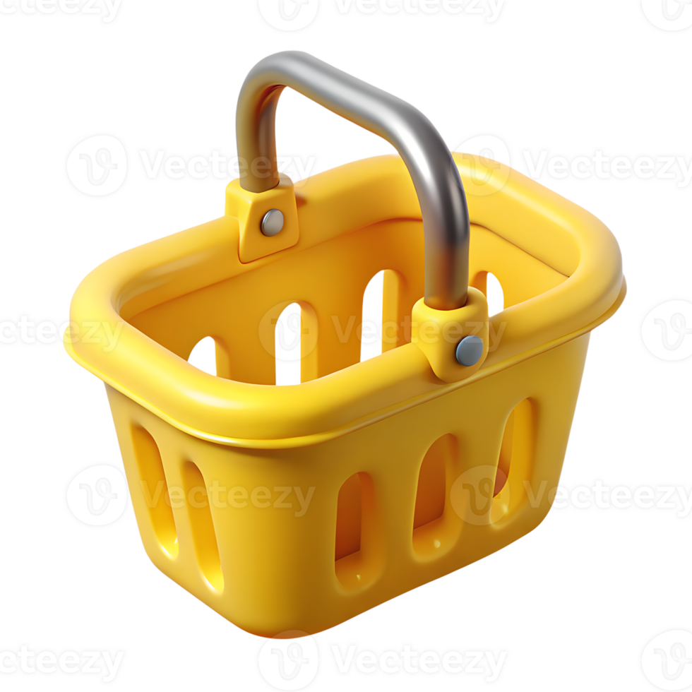 3D Yellow Grocery Basket Icon with Handles Plastic Shopping Container Render for Retail UI Design png