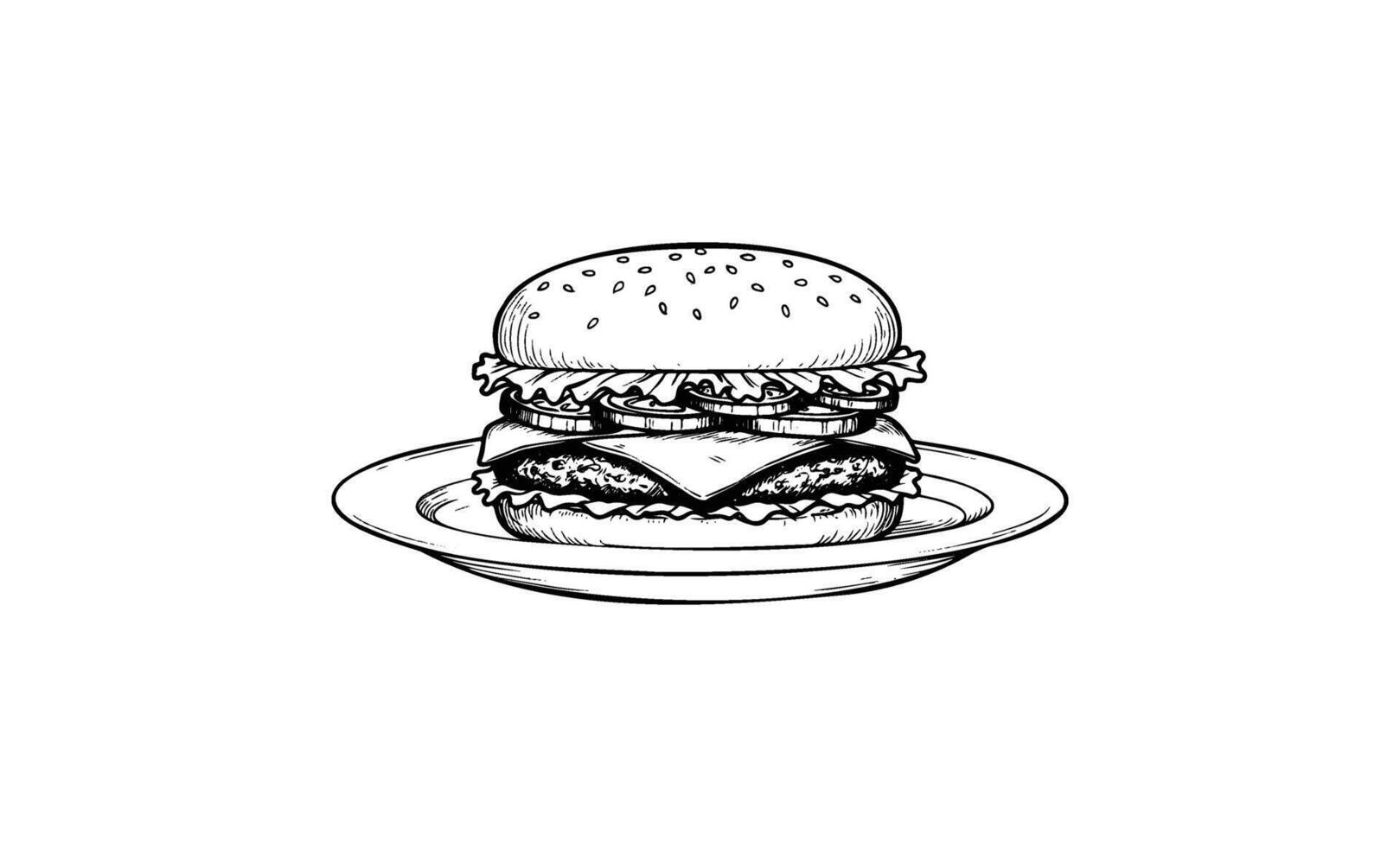 Sketch of a delicious cheeseburger on a plate with lettuce and tomatoes vector
