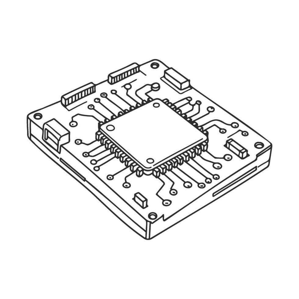 Microcontroller circuit board illustration with connectors and pins vector